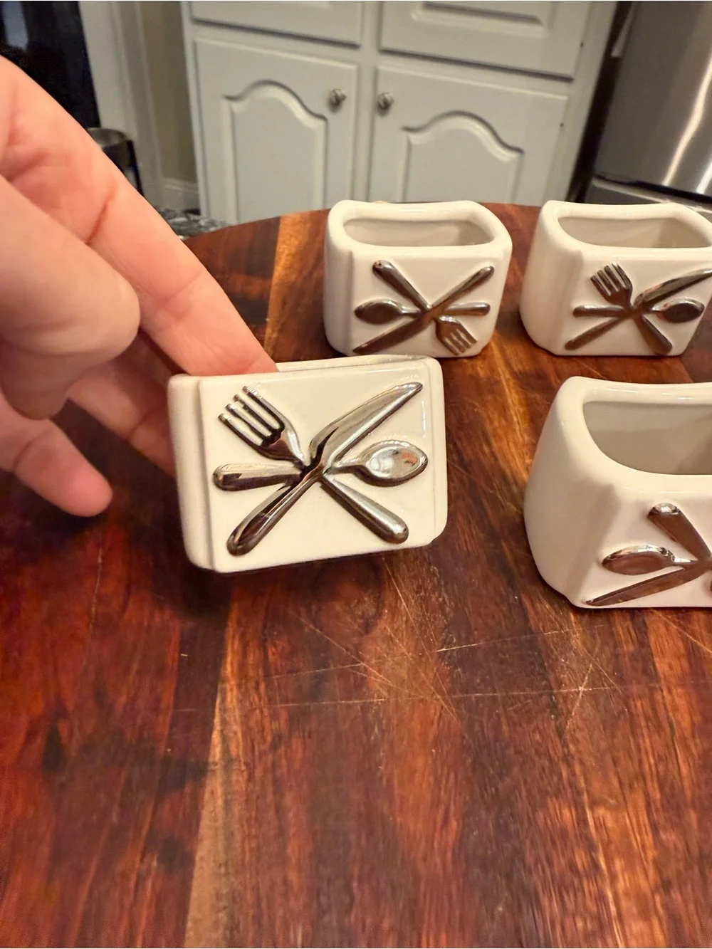 Set of 5 Ceramic Pottery Barn Napkin Ring Holders White Silverware new